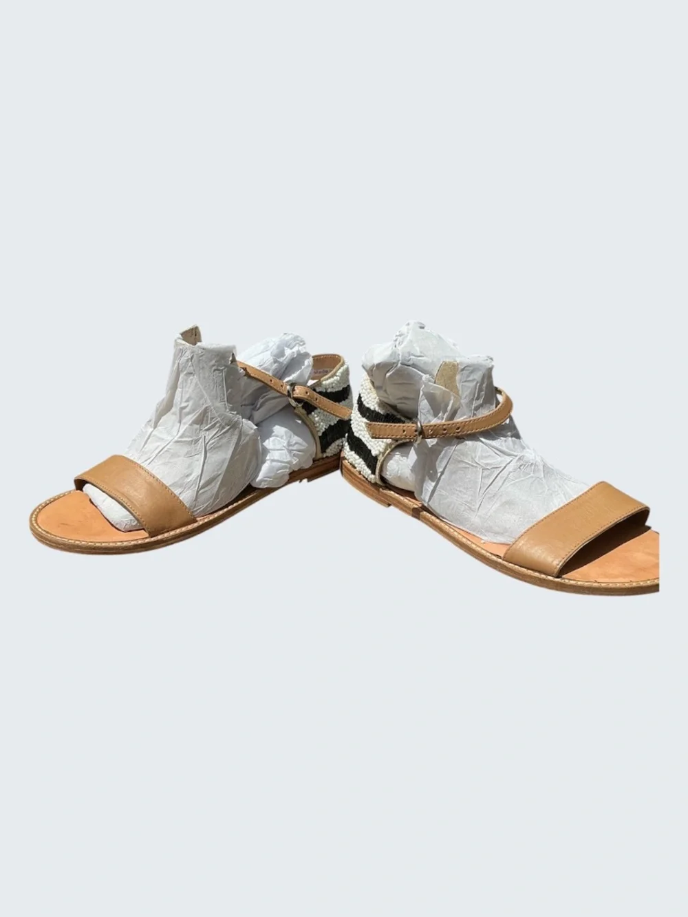 Anthropologie Miss Albright Tan Leather Sandal Zebra Stripe Beaded Heel SZ 8 (7)